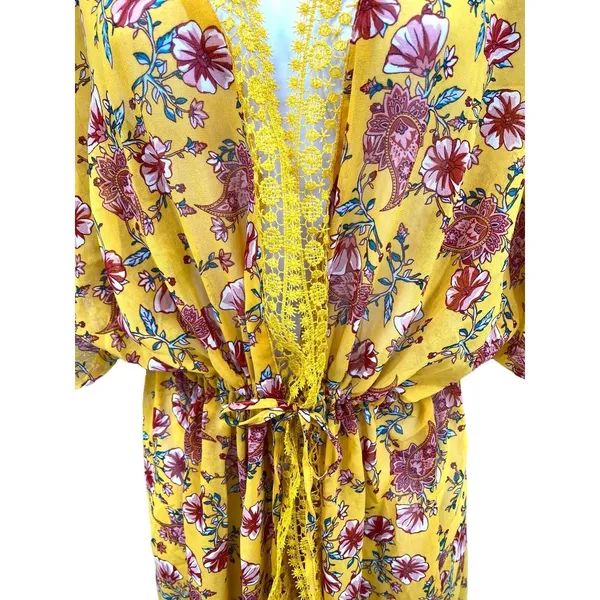 Derek‎ Heart Short Sleeeve Floral Cover Up Tie Up Kimono Large Boho Festival - Image 2