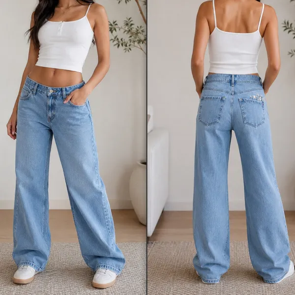 Hollister Y2K Low-Rise Super Baggy Floral Embroidered Medium Wash Jeans 30 Long - Image 2
