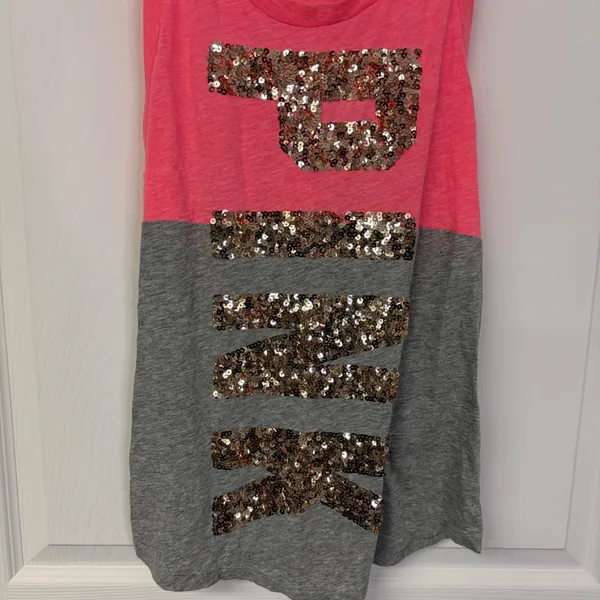Victoria's Secret PINK Sequin Logo Racerback Tank Top Neon Pink Gray Medium - Image 2