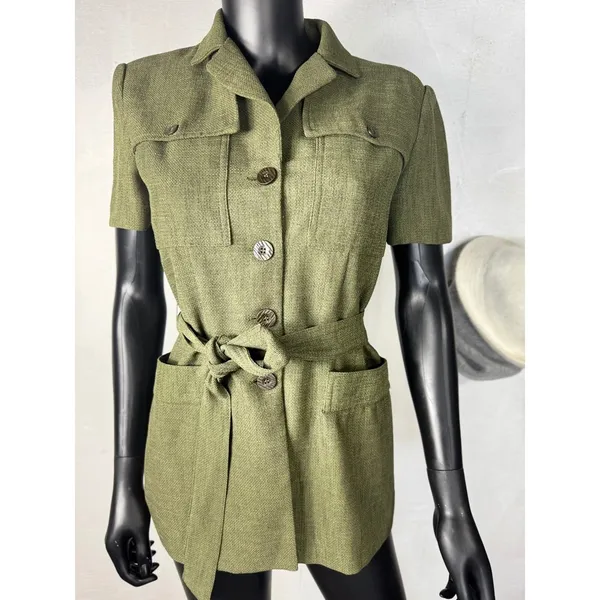 Dressbarn Olive Green Safari Style Short Sleeve Belted Shirt‎ Dress Sz 4 - Image 2