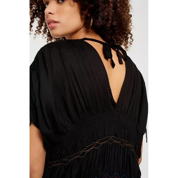 Free People Black Rainbow Smocked Boho Mini Dress S Ruched‎ Embroidered NWT - Image 4