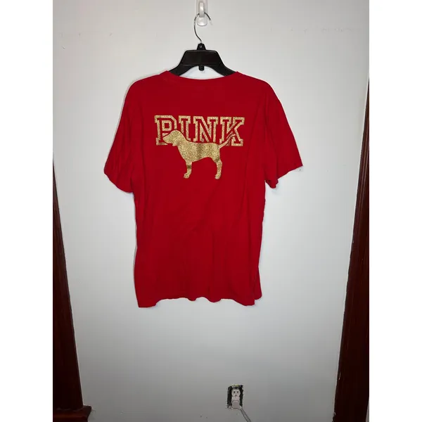 PINK Victoria's Secret Red Short Sleeve Pocket T-Shirt Gold Glitter Dog Logo L - Image 2