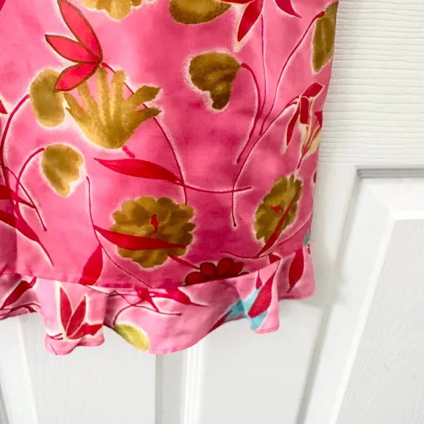 Tahari Bright Pink Floral Silk V Shift Dress Ruffle Trim Vintage Y2K Girly 8 - Image 6