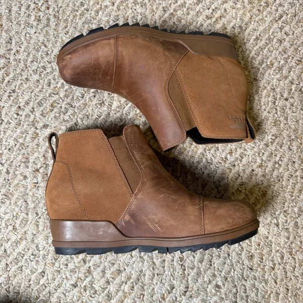 Sorel‎ Evie Chelsea Boot Brown Leather Suede Waterproof Wedge Ankle Boots Size 9 - Image 5