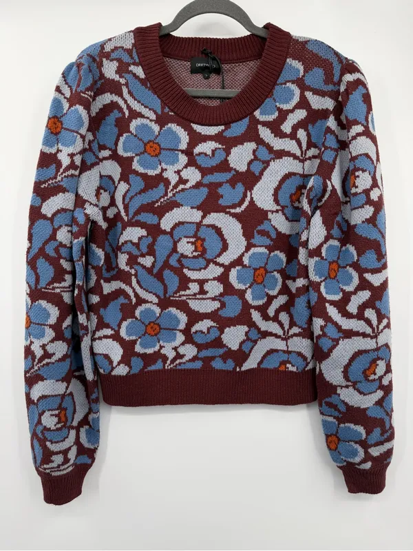 Driftwood Floral Jacquard Cropped Crewneck Sweater Rust Blue L NWT - Image 2