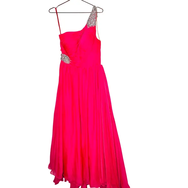 ASHLEYLAUREN Hot Pink Pleated Crystal Pearl Beaded One Shoulder Gown Size 8 - Image 4