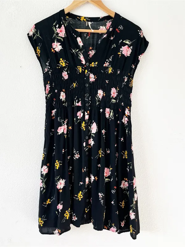 Free People Greatest Day Black Floral Smocked Boho Button Front Mini Dress - Image 3