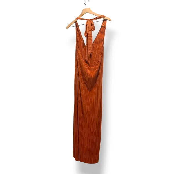 ASOS DESIGN Burnt Orange Pleated Halter Maxi Dress Size L 70s Disco Retro - Image 5