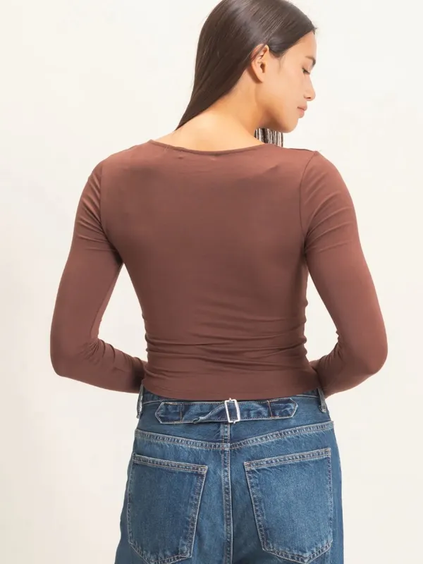 NEW 🤎 Double Zero Chocolate Brown Scoop Neck Long Sleeve Tee – Medium - Image 4