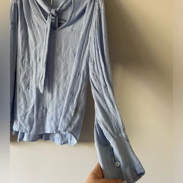 Free People Blue Embroidered Wishful Moments Tie Neck Top Size Medium Boho - Image 5