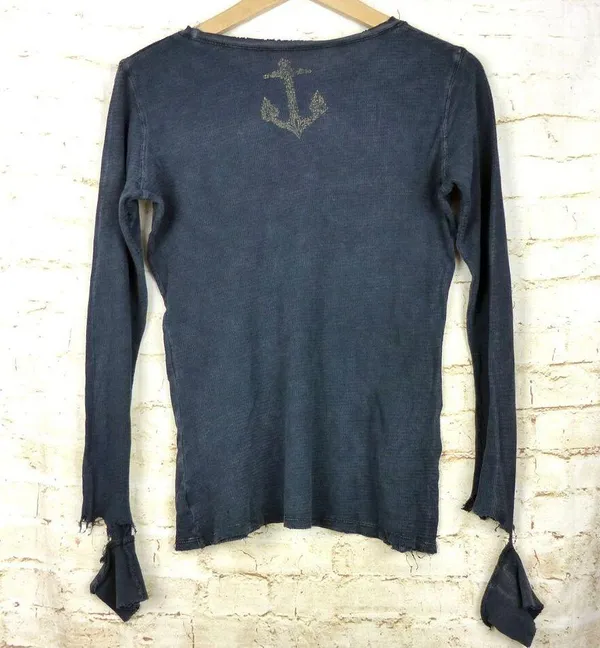 VTG Sinful Affliction Thermal Waffle Top Women M Black Destroyed Bird Tattoo Y2K - Image 2