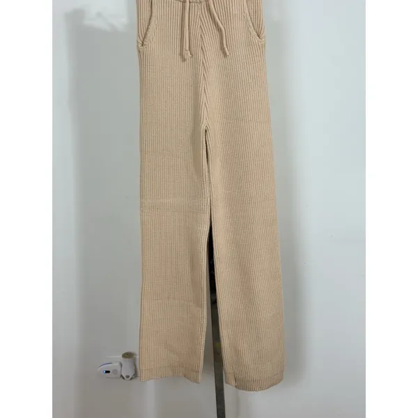 Athina Women’s Beige Pants 100% Viscose Ribbed Knit Wide Leg Drawstring Size S - Image 6