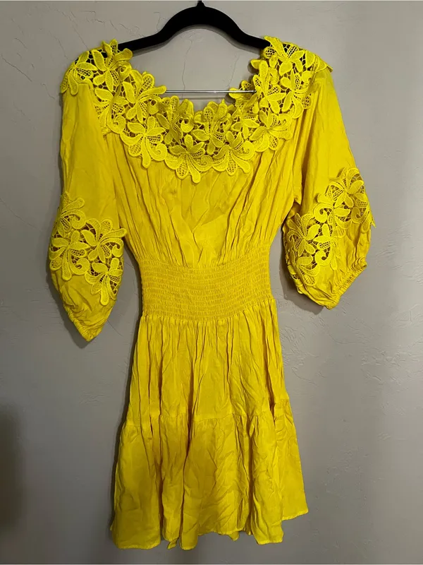 Gianni‎ Bini Yellow Off Shoulder Lace Trim Boho Peasant Spanish Vaca Mini Dress - Image 7