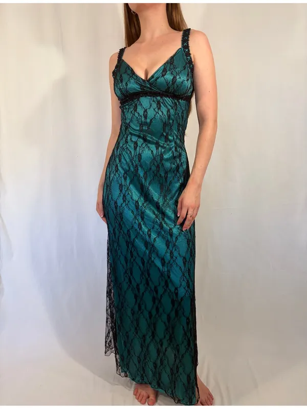 Turquoise Lace Overlay Gothic Maxi V Neck Dress Blue - Image 5