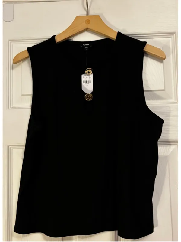 Express Black Ribbed Cutout Tank Top with Gold Buttons XL - Image 4