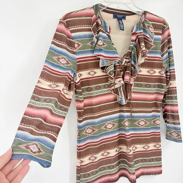 Chaps Denim Southwestern Womens Top Sz L Ruffle Lace Up Aztec Boho Y2K Western - Image 5