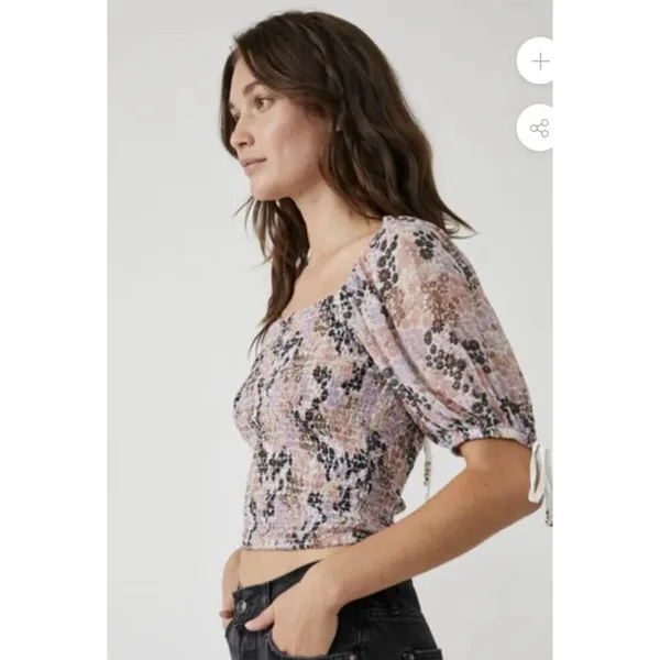 Free People Back On Top Crop Smocked‎ Shirt Blouse Puff Sleeve Size S - Image 4