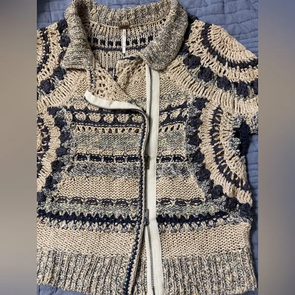 FREE PEOPLE Crochet Knit Moto Sweater Jacket; retails $259; size large - Image 7