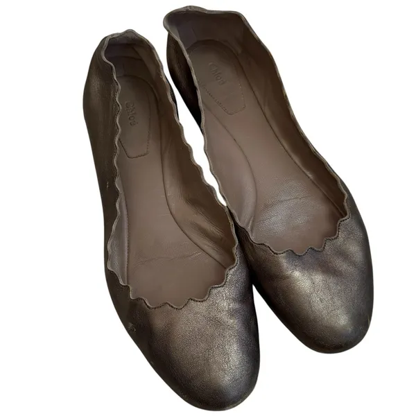 Chloe Lauren Scalloped Ballet Flats Bronze Leather Classic‎ Luxury EU 40 US 9.5 - Image 14