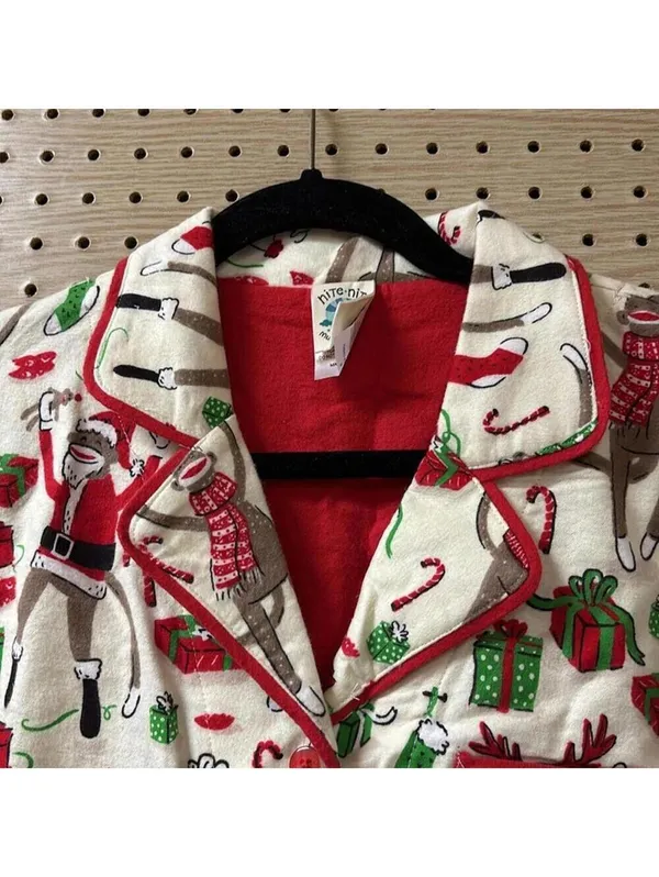 🇺🇸Munki Munki Cream Christmas Theme Long Sleeve Button Down Pajama Holiday Top - Image 2