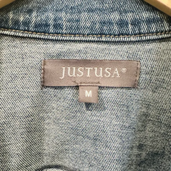 Just USA Boutique Women Distressed Blue Staircase Hem Jean Jacket Button Up-Med - Image 4