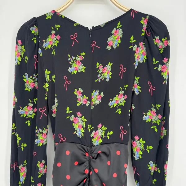 For Love‎ & Lemons Wilson Print Dress Small Black Floral Polka Dot Ruched Mini - Image 8