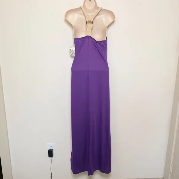 NEW y2k Bongo Women Milkmaid Maxi Dress Purple‎ Braided Macrame Racerback Floral - Image 9