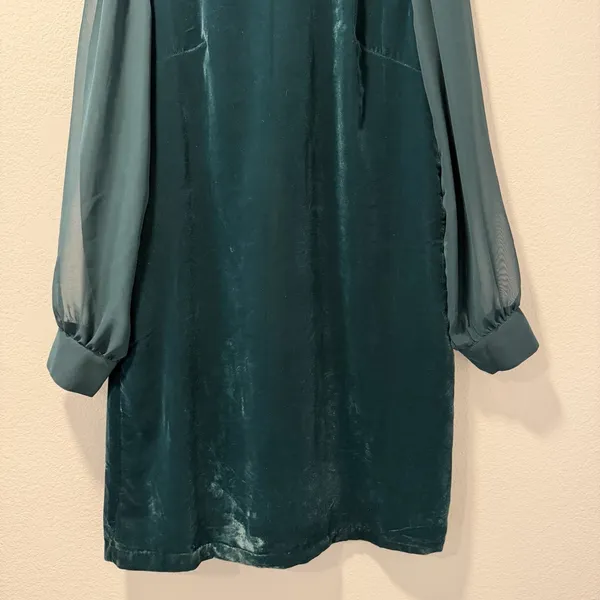 J. Crew Factory‎ Size-8 Green Velvet Mini Shift Dress Sheer Sleeves Mod Party - Image 12