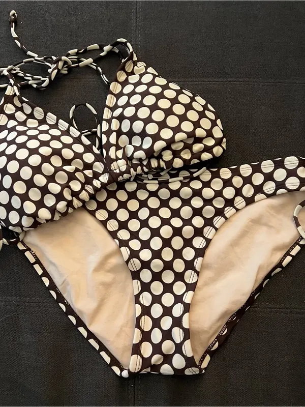 Xhilaration Y2K Brown & White Polka Dot Bikini Size Large Bottom Extra Large Top - Image 2