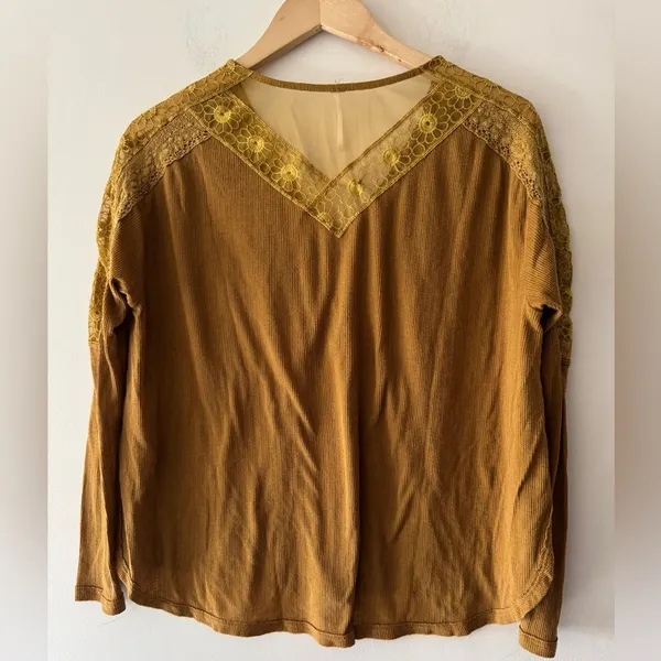Free People Women's Lola Long-Sleeve Blouse, Mustard Yellow‎ Boho Lace Trim - Image 4