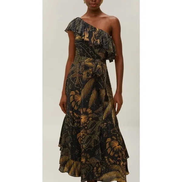 NWT Farm Rio Golden Foliage Black One Shoulder Maxi Dress Sz. XS - Image 2