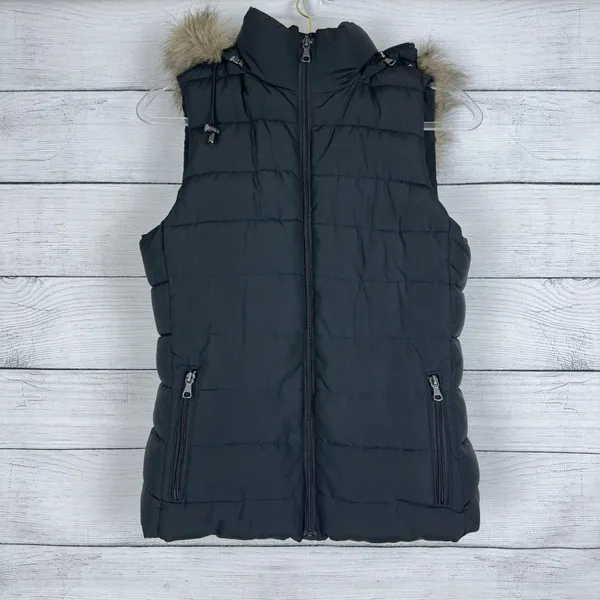 Banana Republic Black Puffer Vest‎ Women's Size Small Faux Fur Hood Ski Outdoor - Image 2