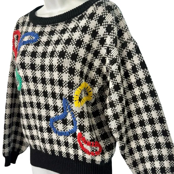 Vintage Black White Check Wide Stitch Rainbow Detail Crew Neck Sweater size S - Image 11