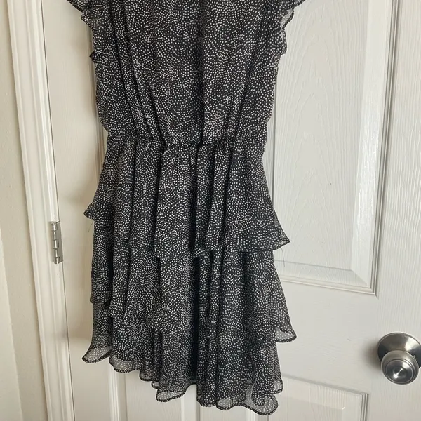 French Kiss Black & White Polka Dot Flutter Sleeve Tiered Ruffle Mini Dress NWT - Image 10
