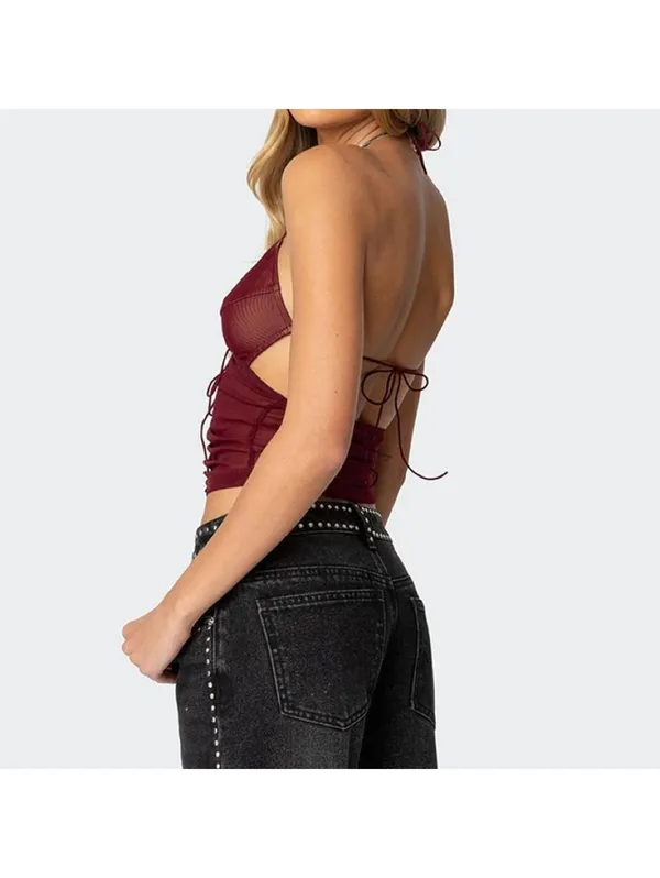 burgundy Edikted Strappy Ruched Mesh Top - Image 2