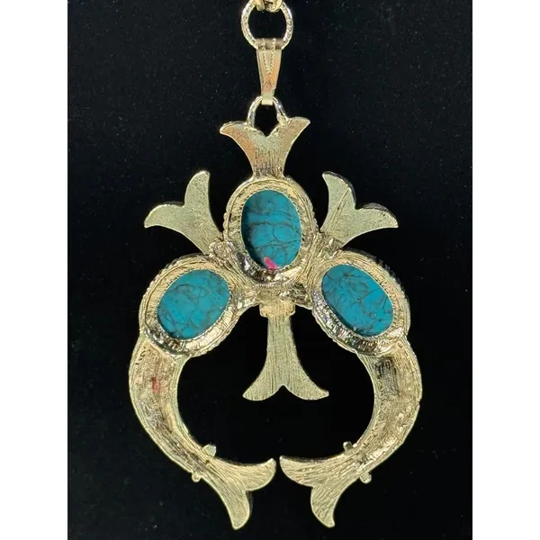 Turquoise vtg Gemstone Southwestern Style Pendant Necklace Silver‎ Tone - Image 3