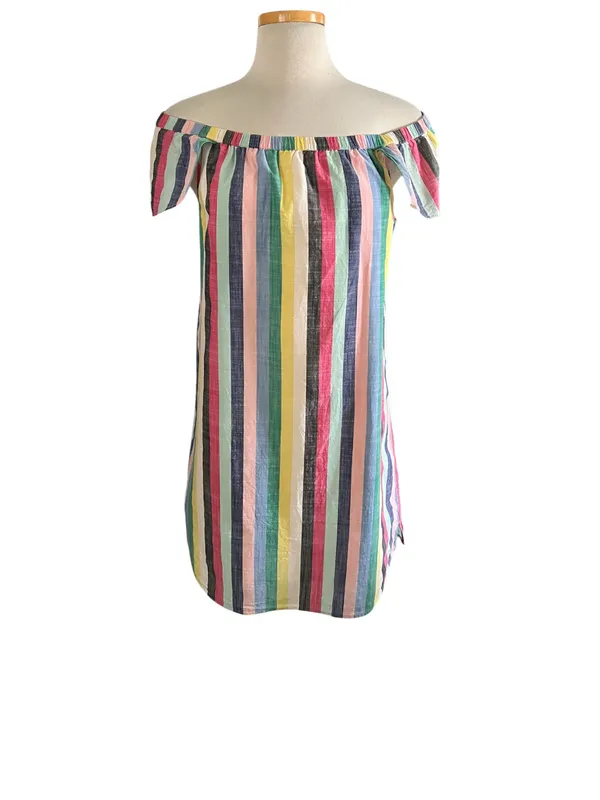 J. Crew Off-The-Shoulder Rainbow Stripe Mini Shift Dress. Size 14 - Image 2