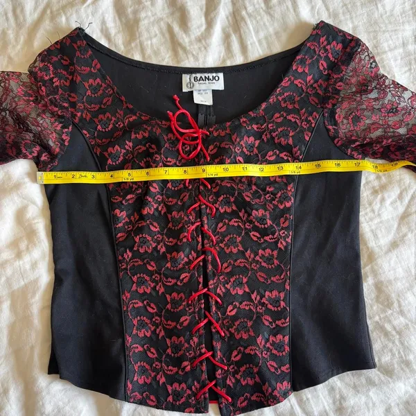 Vintage Banjo Black Red Lace Corset Long Sleeve Western Whimsygoth Blouse Medium - Image 7