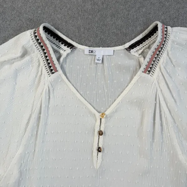DR2 Women's Small White Swiss Dot Blouse Top V-Neck Embroidered Peasant Boho - Image 3