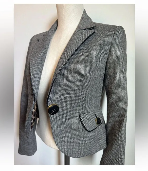 EXPRESS Tweed Blazer Y2K Suit Jacket Black & White Sz O Cropped Fitted - Image 3
