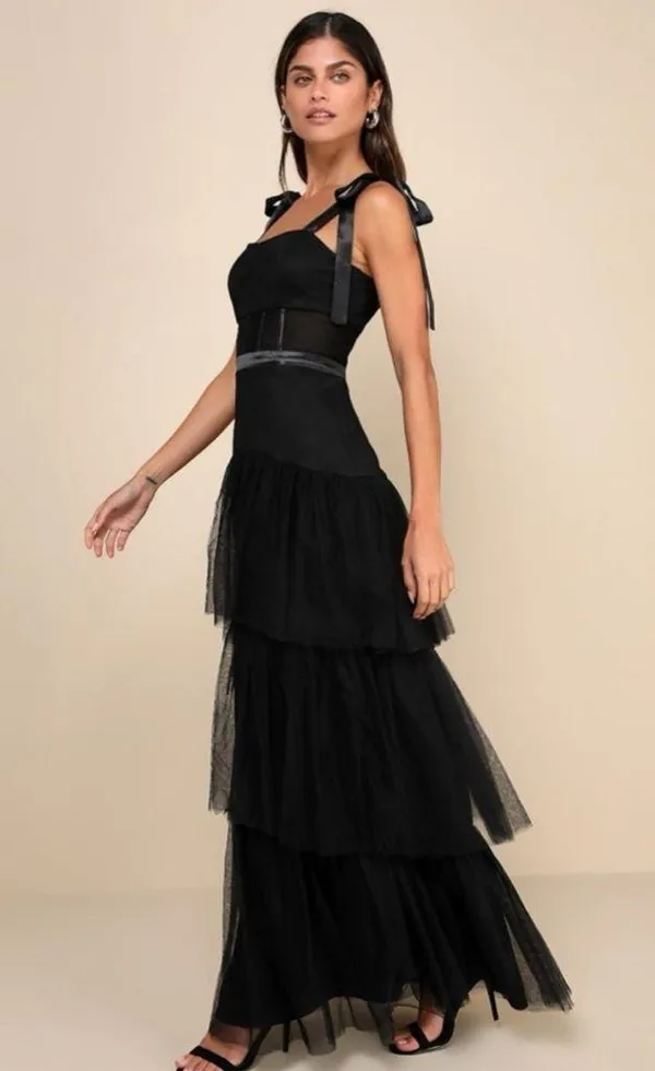 LULUS NWT Mystique Black Tulle Tie-Strap Tiered Maxi Dress Formal XXS - Image 3