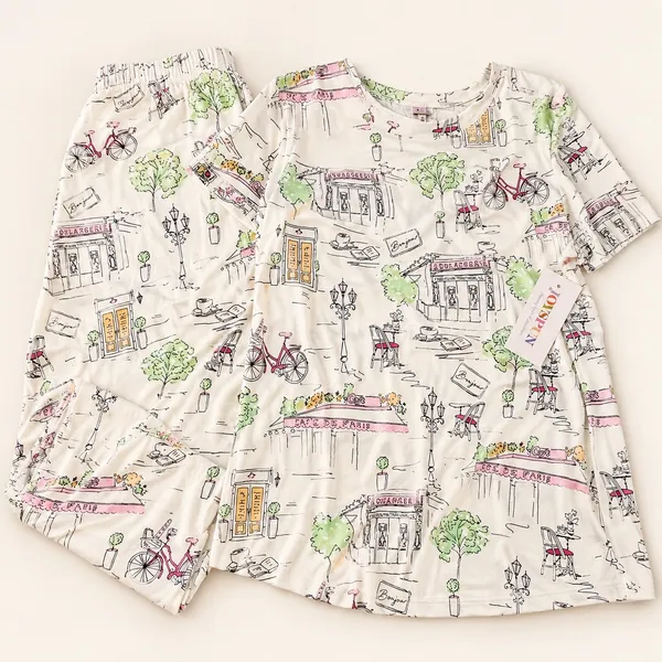 Joyspun Dreamy Soft Paris Cafe Print Pajama Set Short Sleeve Wide Leg Small 4-6 - Image 5