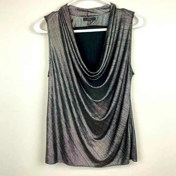 DREW Draped Neck Metallic Gray Sleeveless Top - Image 12
