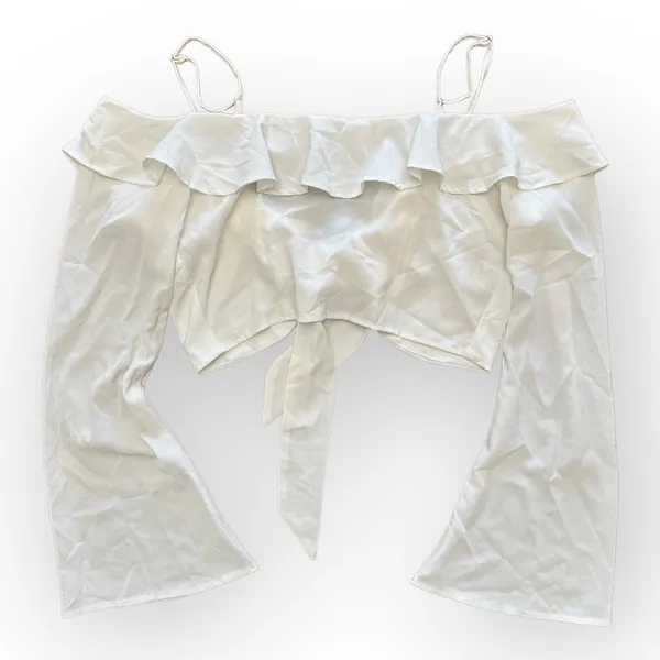 Tiger Mist White Ruffled Cold Shoulder‎ Tie Front Flare Sleeve Crop Top Size L - Image 3