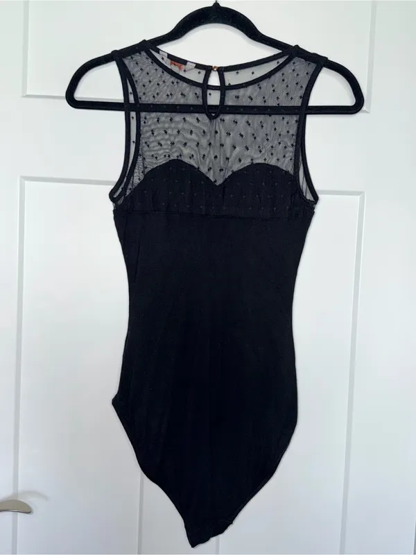 Candies Black Polka Dot Mesh Sweetheart Bodysuit - Image 2