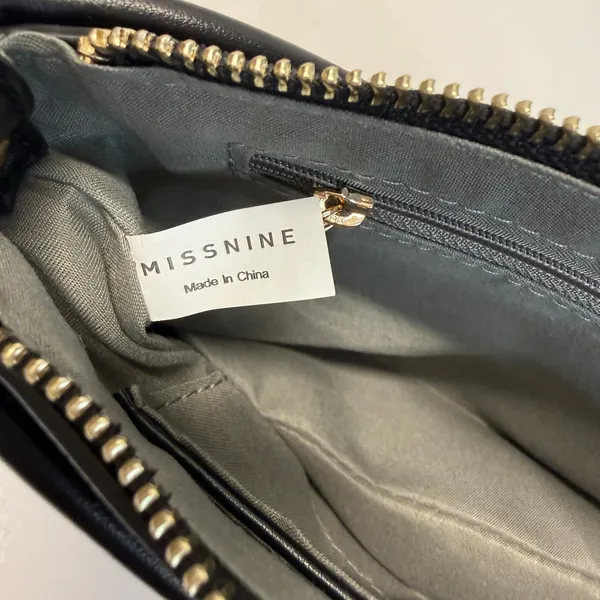 Missnine Black Shoulder Bag Mini Baguette Purse Vegan Leather Gold Chain Zip NEW - Image 9