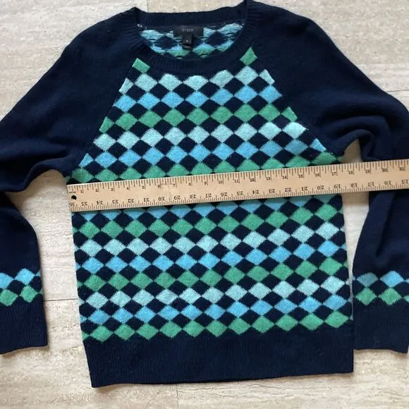 J Crew‎ Women Argyle Crewneck 100% Lambs Wool Sweater Y2K Preppy S Blue Green - Image 4