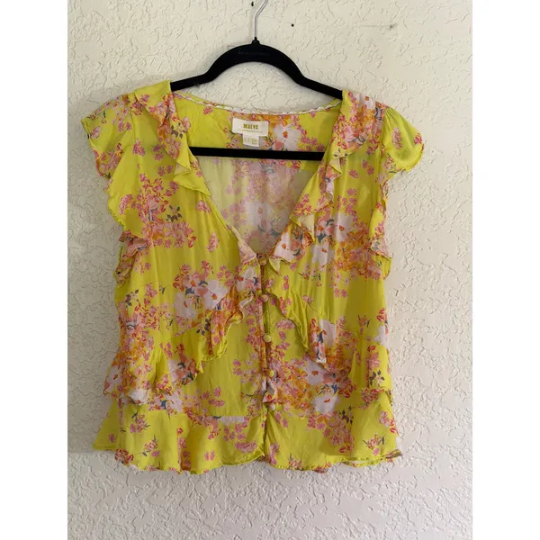 Maeve Anthropologie Ashlee Ruffled Blouse‎ 12 Yellow Floral V-Neck Sleeveless - Image 11
