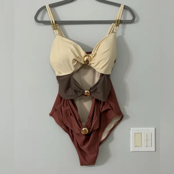 Stylish Cream and Brown Cutout Swimsuit - Image 4