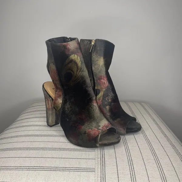 Baxboo- Black Velvet with Flower Pattern Peep Toe, Open Back Heels - Image 2